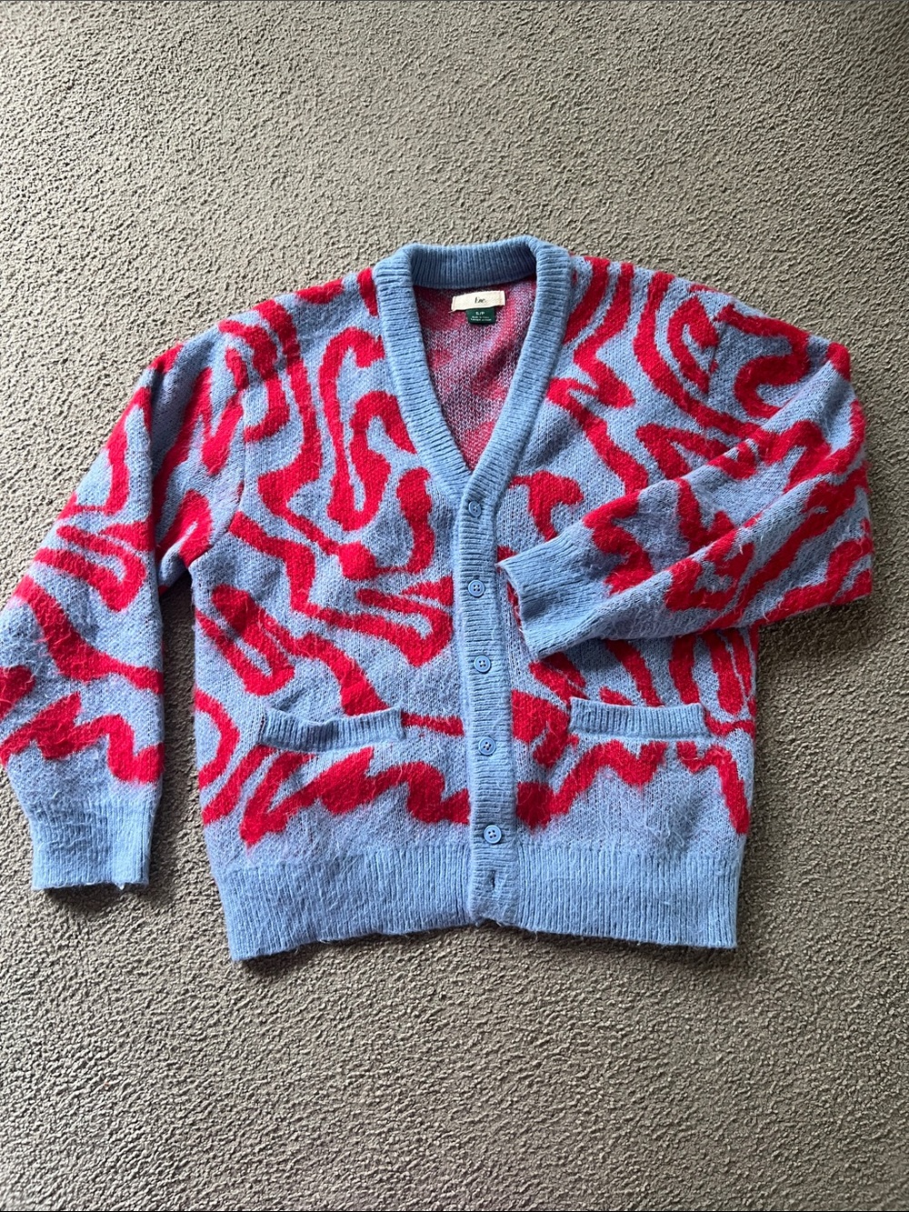 Men's Light Blue Cardigan with Red Abstract Pattern